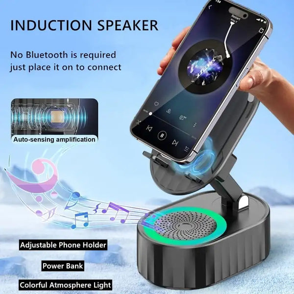 Cell Phone Stand with Induction Speaker/Power Bank/Atmosphere Light 360 Degree Rotating Induction Phone Bracket Holders